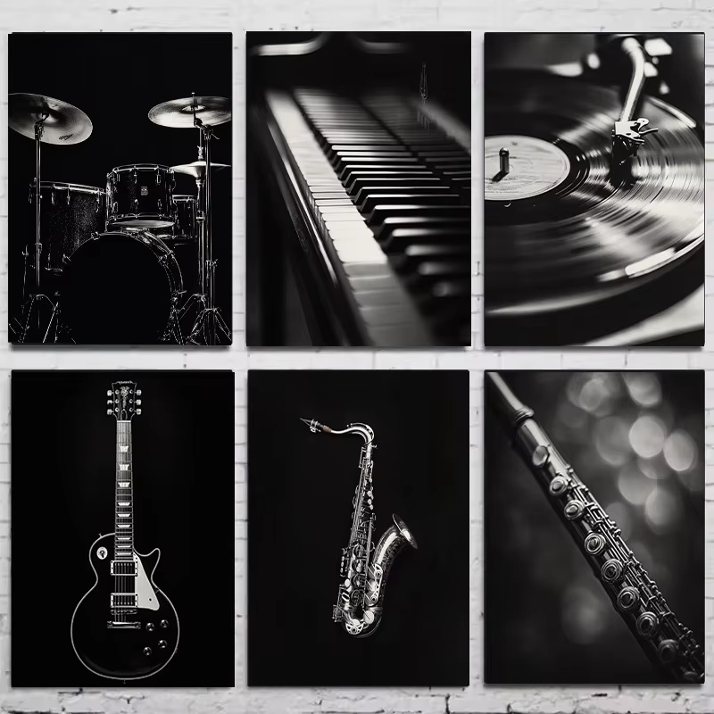 Musical Instrument Image - لوحة فنية حديثة بالأبيض والأسود لأدوات